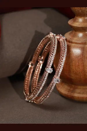 Priyaasi Set Of 2 Rose Gold-Plated AD-Studded Solitaire Bangles