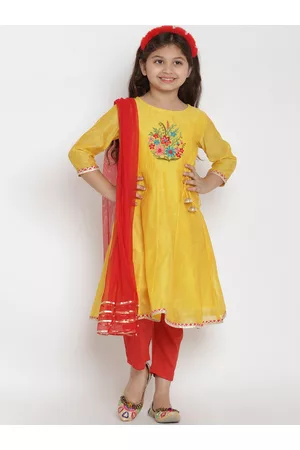 Bhama Girls Yellow Embroidered Panelled Pure Silk Kurta with Churidar & With Dupatta