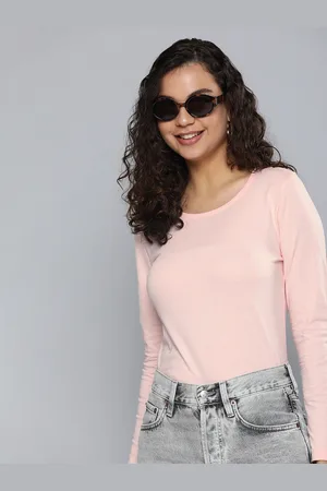 HERE&NOW Women Pink Solid Pure Cotton T-shirt