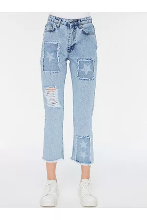 Trendyol Women Blue Straight Fit High-Rise Ripped Detailed Printed Pure Cotton Jeans