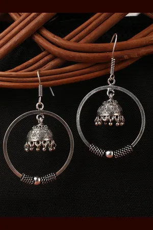 Bhana Fashion Women Silver-Plated Oxidised Silver Contemporary Jhumkas Earrings