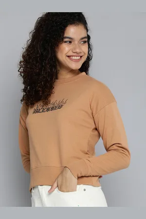 HERE&NOW Women Camel Brown Graphic Printed Pullover Sweatshirt
