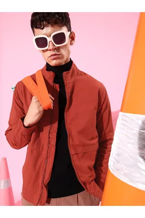WROGN Men Rust Orange Solid Mock-Collar Denim Jacket