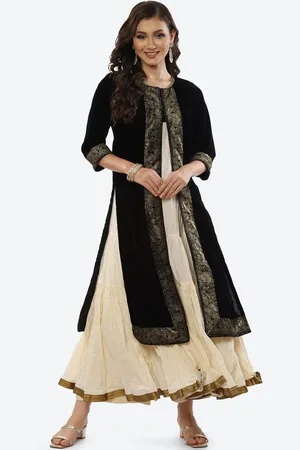 Biba Women Black & Gold-Toned Ethnic Motifs Velvet Anarkali Kurta