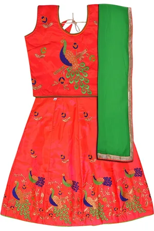 Wish Karo Girls Orange & Green Embroidered Ready to Wear Lehenga Choli With Dupatta