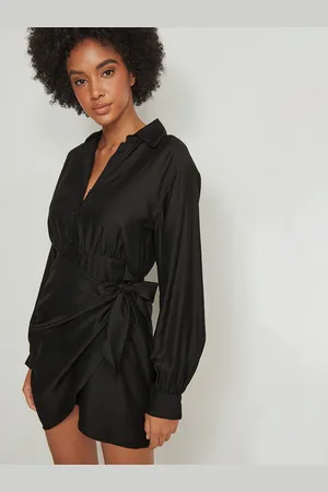 NA-KD Black Solid Ruched Side Tie-Up Shirt Mini Dress