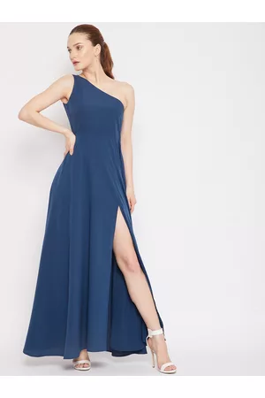 Berrylush Women Blue One Shoulder Crepe Maxi Dress