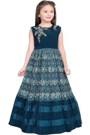 Betty Girls Blue & Gold-Toned Floral Embroidered Chiffon Maxi Dress
