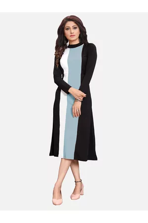 LONDON BELLY Women Black & Turquoise Blue Colourblocked A-Line Midi Dress
