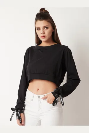 Miss Chase Women Black Solid Crop Pure Cotton Top