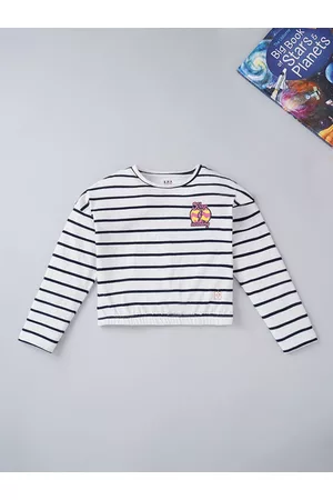 Ed-a-Mamma Girls White & Navy Blue Printed Striped T-shirt