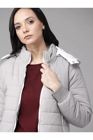 Roadster Women Grey Solid Bomber Jacket with Detachable Hood