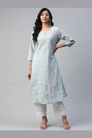 akheri Women Blue Floral Embroidered Chikankari Cotton Kurta