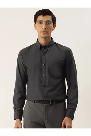 English Navy Men Charcoal Grey Solid Slim Fit Formal Shirt