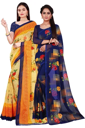 Florence Pack Of 2 Beige & Blue Printed Pure Georgette Saree With Unstitched Blouse