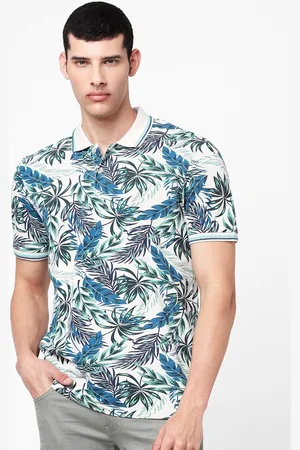 Celio Men White & Blue Floral Printed Polo Collar Tropical T-shirt