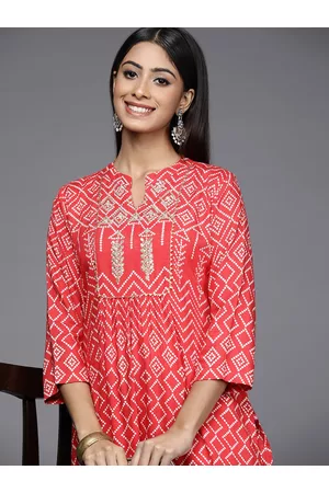 Varanga Women Red & White Bandhani Printed Gotta Patti Indie Prints Kurta