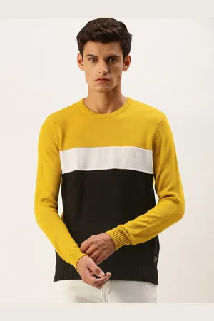 Flying Machine Men Mustard Yellow & Black Colourblocked Pullover Sweater