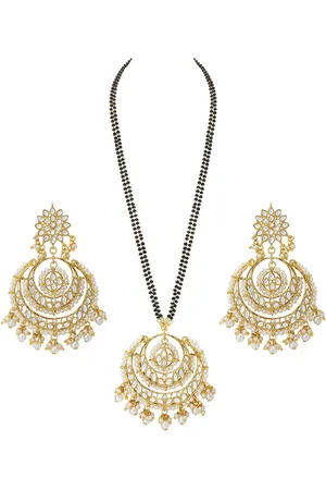 I Jewels Gold-Plated Gold-Toned White Kundan Studded & Pearl Beaded Mangalsutra