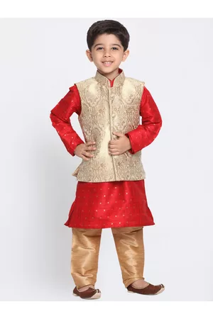 Vastramay Boys Maroon & Gold Kurta With Jacket & Pyjama Set