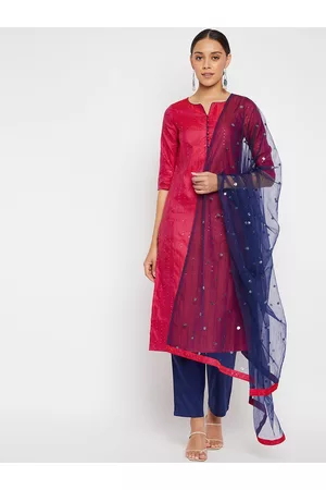 PANIT Women Magenta & Blue Embellished & Striped Kurta with Trousers & Dupatta