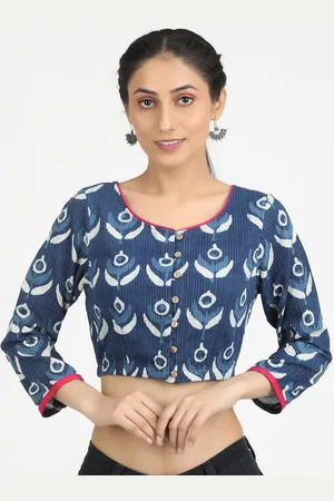 Llajja Women Blue & White Printed Pure Cotton Saree Blouse