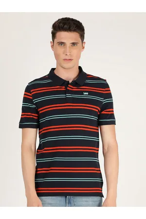 Lee Men Blue Striped Polo Collar Applique Slim Fit T-shirt