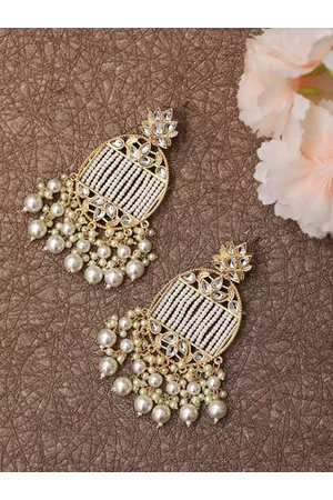 Jazz and Sizzle Women White Kundan Pearl Oval Drop Earrings
