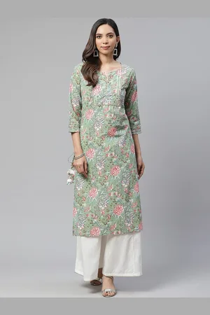 Divena World Women Green Floral Printed Regular Gotta Patti Pure Cotton Kurti with Palazzos