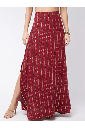 InWeave Women Red Printed Pure Cotton A-Line Maxi Skirt