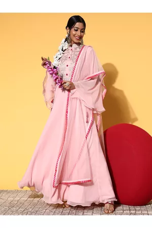 Inddus Women Pretty Pink Georgette Fluid Tie-Up Kurta