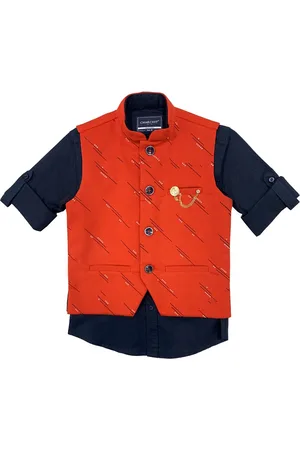 CHARCHIT Boys Red & Navy Blue Printed Nehru Jacket