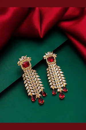 Aadita Gold-Toned & Red Stone Studded Drop Earrings