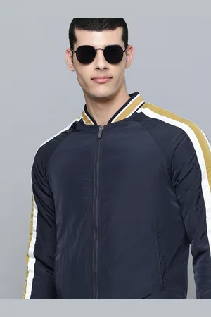 Flying Machine Men Navy Blue Solid Bomber Jacket With Taping Detail