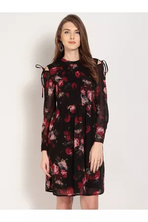 Rare Fashion Black Floral Printed Fit and Flare Dress