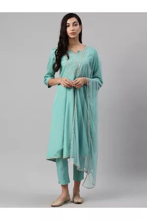 Biba Women Sea Green Yoke Design Kurta with Trousers & Dupatta