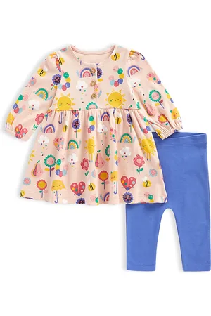 Mothercare Infant Girls Pink & Blue Printed Pure Cotton Dress With Leggings Set