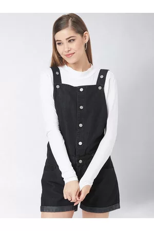 Miss Chase Women Black Solid Denim Dungarees