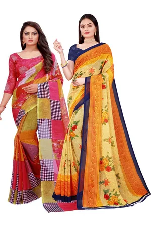 Florence Pack Of 2 Red & Beige Printed Pure Georgette Saree With Unstitched Blouse