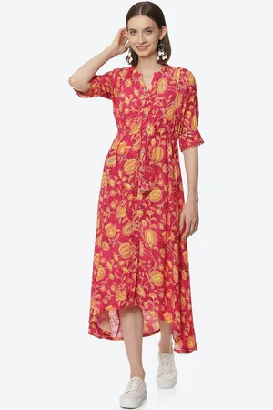 Rangriti Women Pink & Mustard Yellow Floral Midi Dress