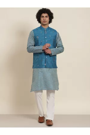 SOJANYA Men Ethnic Pyjamas - Men Blue & White Ethnic Motifs Kurta with Pyjamas & Nehru Jacket
