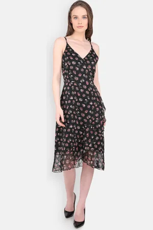 MARC LOUIS Women Black Floral Printed Chiffon Midi Dress