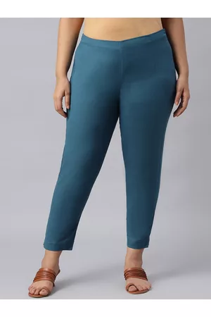 W Omen Teal Solid Skinny Fit Trousers
