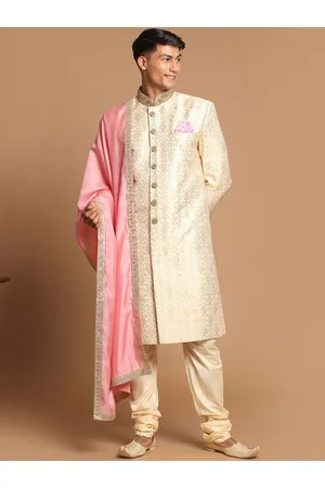 Vastramay Men Beige & Gold-Coloured Silk Blend Sherwani Set