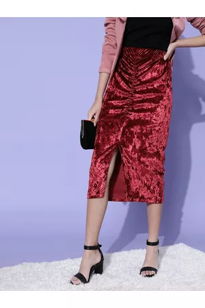 marie claire Women Charming Maroon Solid Velvet Skirt