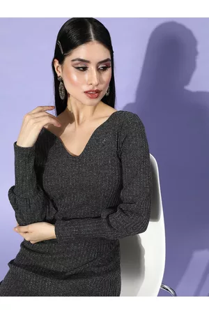 ATHENA Women Grey Self-Design Knitted Dress