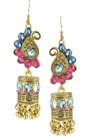 DESI COLOUR Gold-Toned & Pink Geometric Jhumkas