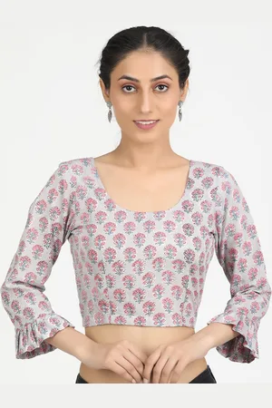 Llajja Women Grey Block Printed Cotton Saree Blouse