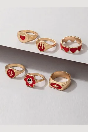 Jewels Galaxy Set Of 6 Gold-Plated Red Finger Rings