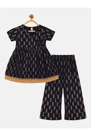 KiddoPanti Girls Navy Blue Ethnic Motifs Printed Angrakha Kurti with Palazzos
